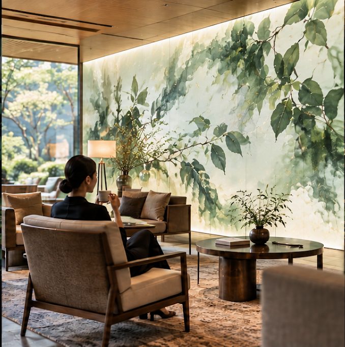 ラウンジの壁一面に植物のアート映像を映す活用イメージ